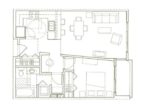 Floor plan for 1 bed, 1 bath, 696 sqft